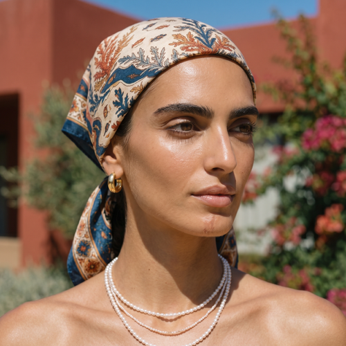 Woman wearing a patterned headscarf and pearl necklace outdoors with blurred background